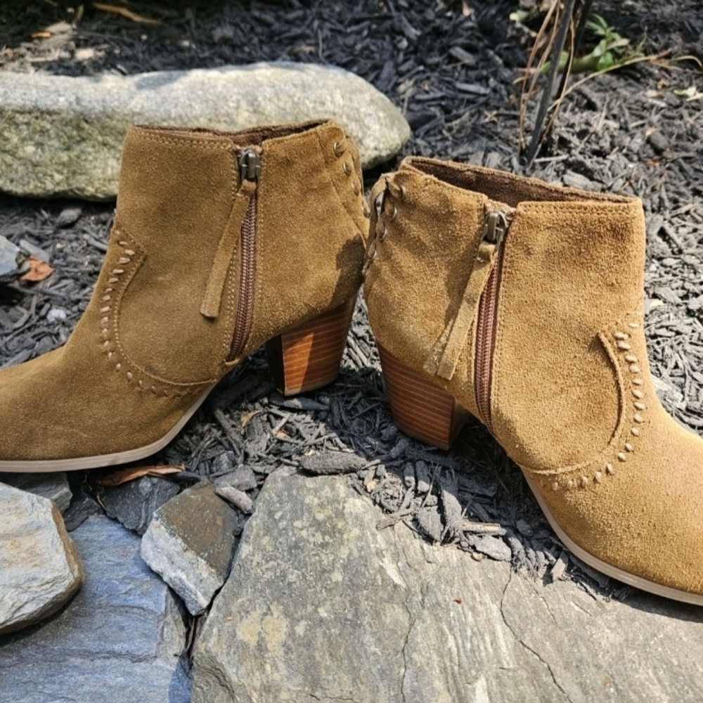 Minnetonka Brown Melissa Suede Peep Toe Mocassin Ankle Boots, Size 8 - Picture 5 of 8